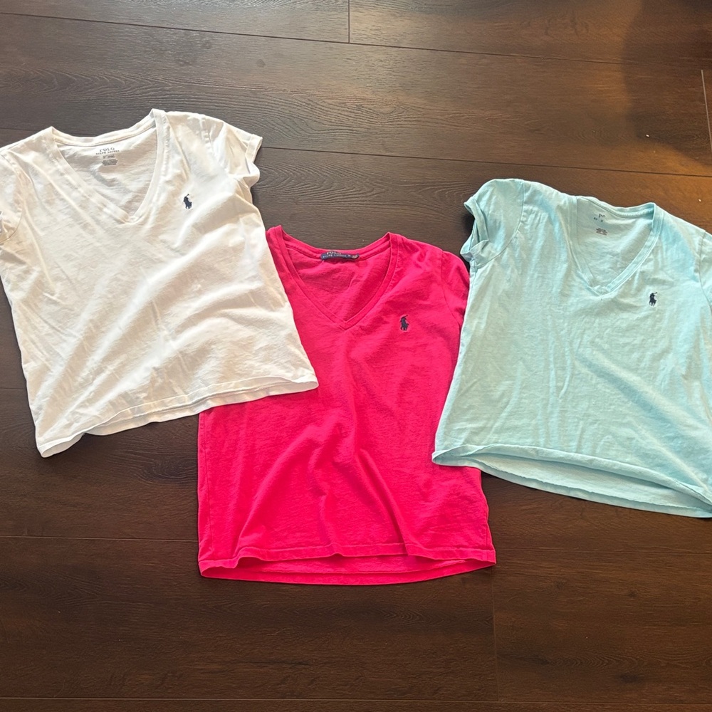 Ralph Lauren V-Neck T-Shirts - White, Hot Pink, Light Blue
